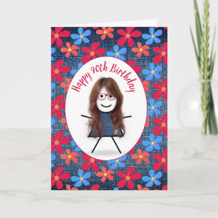 Carte 90e Anniversaire Stick Girl and Daisies On Denim