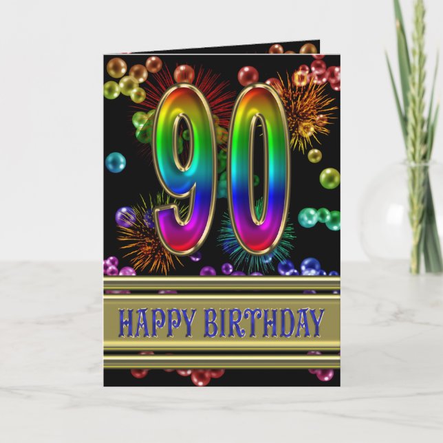 Carte 90ème anniversaire avec bulles arc-en-ciel et feux (Devant)