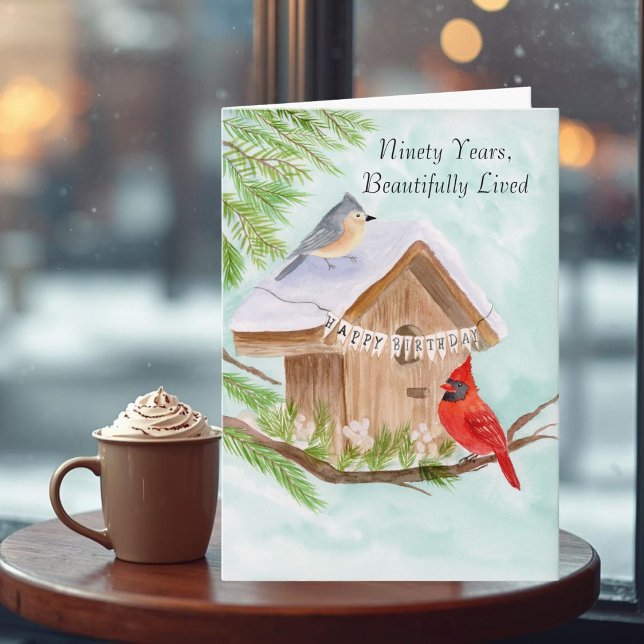 Carte 90th Happy Birthday Birds at Birdhouse (Créateur téléchargé)