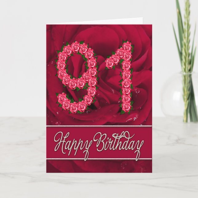 Carte 91e anniversaire avec rose et feuille (Devant)