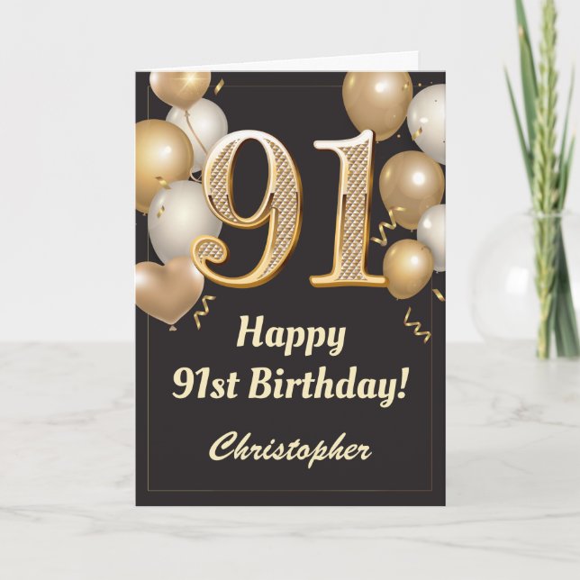 Carte 91e anniversaire Ballons Noir et Or Confetti (Devant)