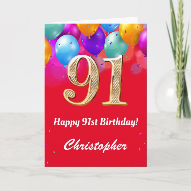 Carte 91e anniversaire Ballons rouges et dorés (Devant)