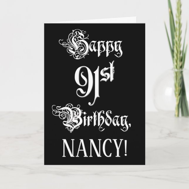 Carte 91e anniversaire : Fancy, Elegant Script + Nom per (Devant)