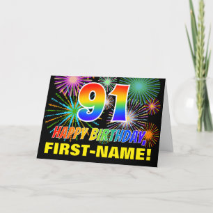 Carte 91e anniversaire : Gras, Amusants, Feu d'artifice,