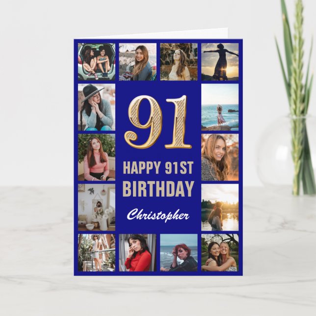Carte 91e Joyeux Anniversaire Marine Bleu & Gold Photo C (Devant)