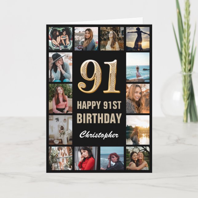 Carte 91e Joyeux Anniversaire noir et or Collage photo (Devant)