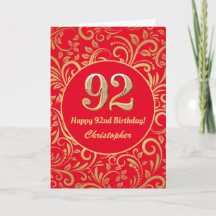 Carte 92e anniversaire Motif Floral rouge et or
