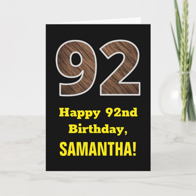 Carte 92e anniversaire : Nom, Faux Wood Grain Motif "92" (Devant)