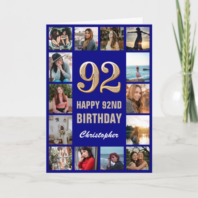Carte 92e Joyeux Anniversaire Marine Bleu & Gold Photo C (Devant)