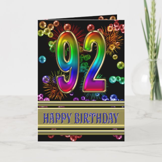 Carte 92ème anniversaire avec bulles arc-en-ciel et feux (Devant)