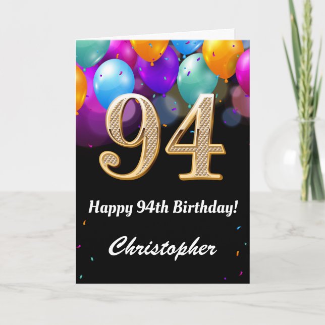 Carte 94e anniversaire Ballons noirs et dorés (Devant)