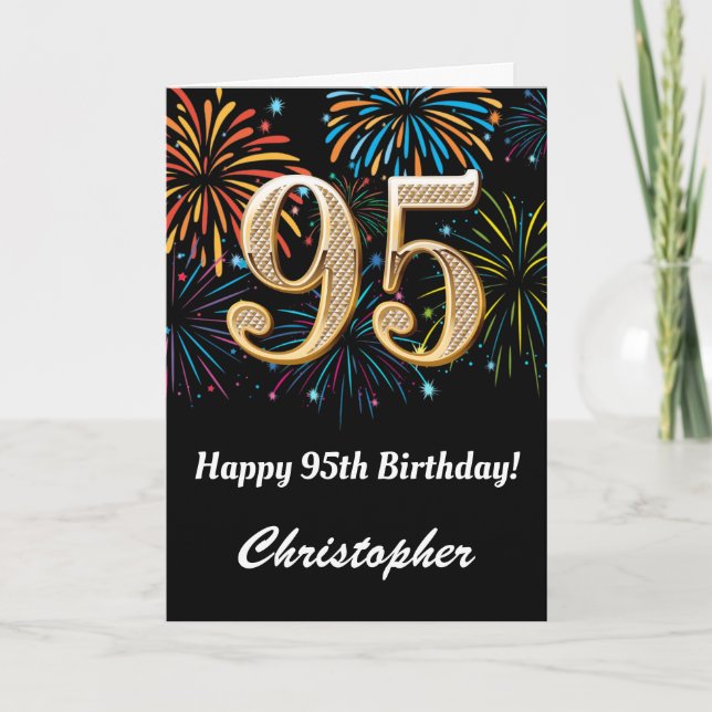 Carte 95e anniversaire Rainbow Fireworks noir et or (Devant)