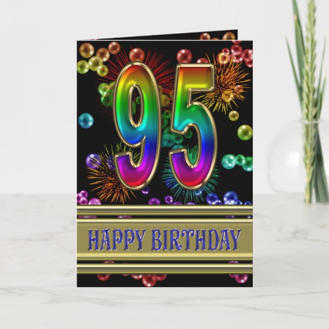 Carte 95ème anniversaire avec bulles arc-en-ciel et feux (Devant)