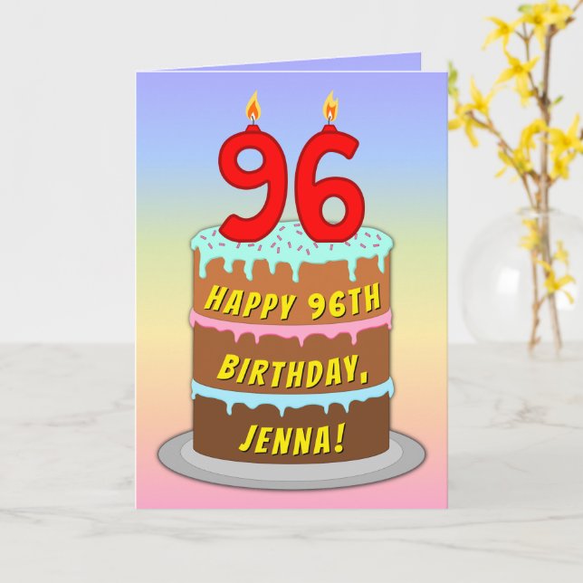 Carte 96e Anniversaire — Gâteau Amusant & Bougies, avec  (Fleur jaune)