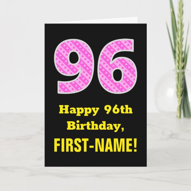 Carte 96e anniversaire : Pink Stripes and Hearts "96" +  (Devant)