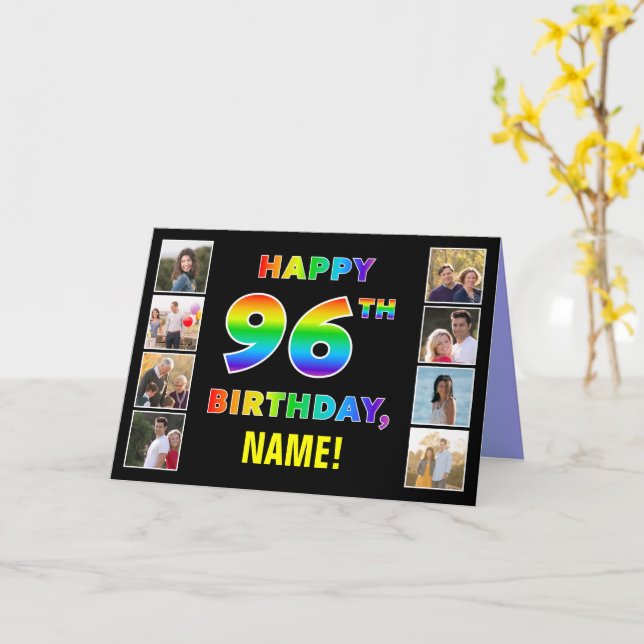 Carte 96e anniversaire : Rainbow Text, Custom Photos & N (Fleur jaune)
