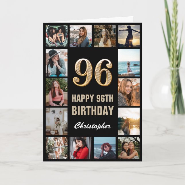 Carte 96e Joyeux Anniversaire noir et or Collage photo (Devant)