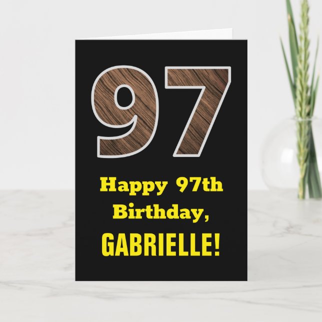 Carte 97e anniversaire : Nom, Motif Faux Wood Grain "97" (Devant)