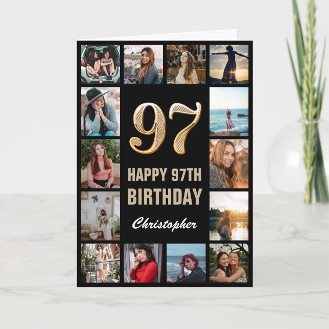 Carte 97e Joyeux Anniversaire Black and Gold Photo Colla (Devant)