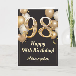 Carte 98e anniversaire Ballons Noir et Or Confetti