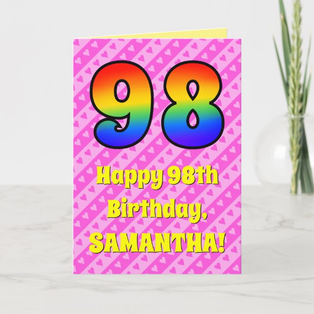 Carte 98e anniversaire : Pink Stripes & Hearts, Arc en c (Devant)