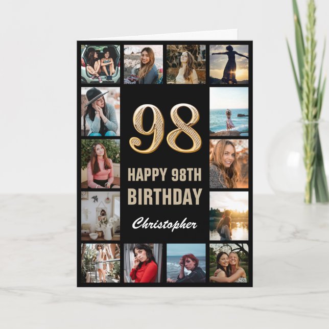 Carte 98e Joyeux Anniversaire Black and Gold Photo Colla (Devant)