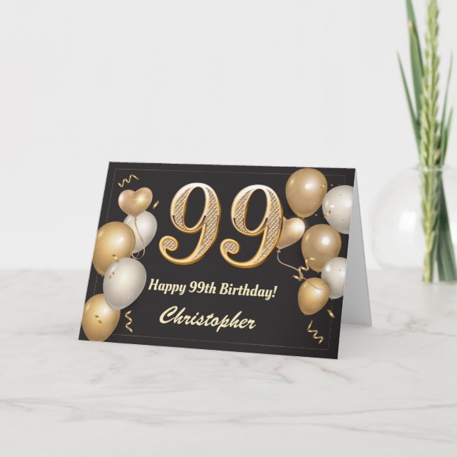 Carte 99e anniversaire Ballons noirs et or Anniversaire (Devant)