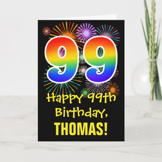 Carte 99e anniversaire : Fun Fireworks Motif + Rainbow 9 (Devant)