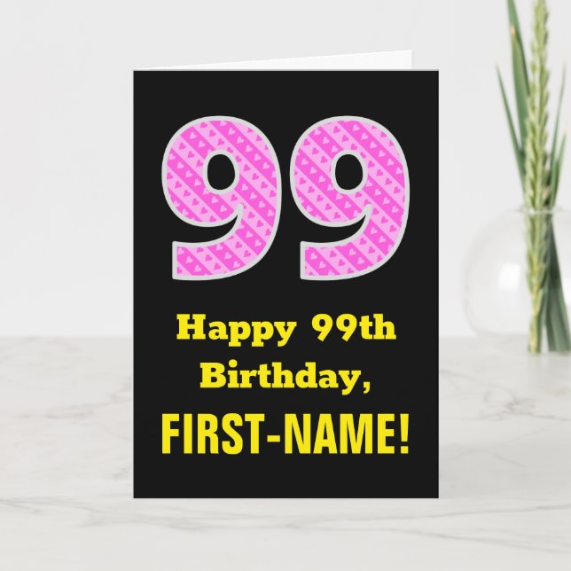 Carte 99e anniversaire : Pink Stripes and Hearts "99" +  (Devant)