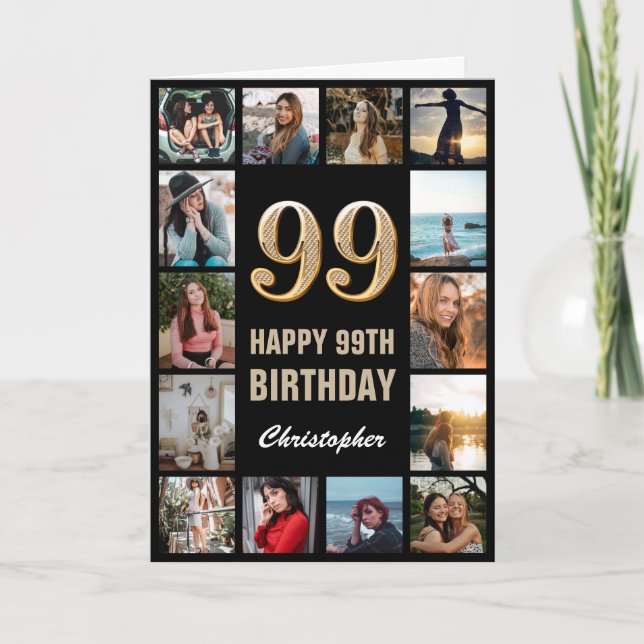 Carte 99e Joyeux Anniversaire Black and Gold Photo Colla (Devant)