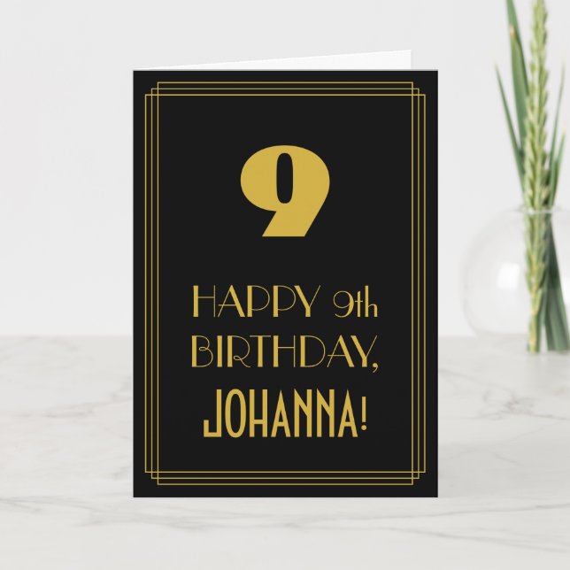 Carte 9e anniversaire - Art Déco Inspiré Look "9" & Nom (Devant)