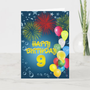 Carte 9e anniversaire avec feux d'artifice et ball