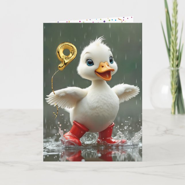Carte 9e anniversaire Canard blanc dans une flaque de pl (Devant)