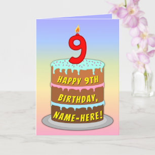 Carte 9e anniversaire — Fun Cake & Candle, avec un nom p