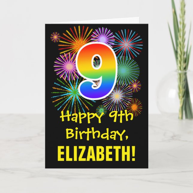 Carte 9e anniversaire : Fun Motif Fireworks + Rainbow 9 (Devant)