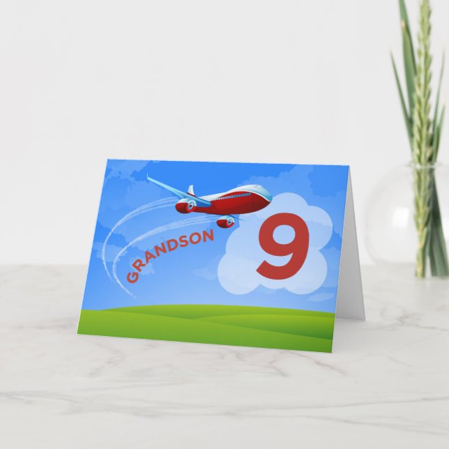 Carte 9e anniversaire, grand-fils, avion rouge (Devant)
