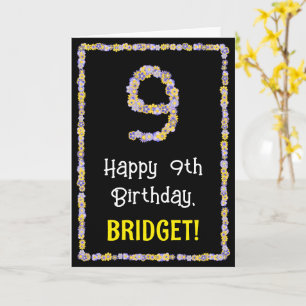 Carte 9e anniversaire : numéro de fleurs florales, nom p