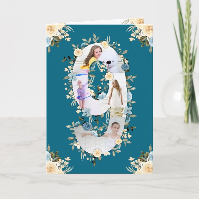 Carte 9e anniversaire Photo Collage bleu Fleur jaune Tur (Devant)