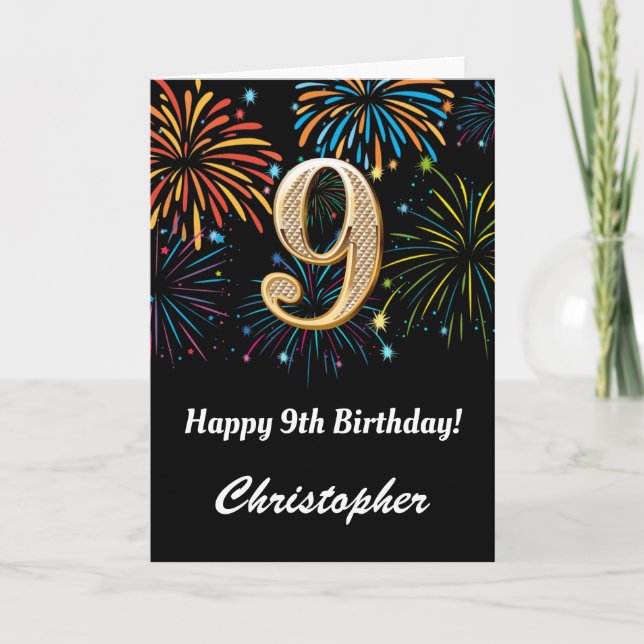 Carte 9e anniversaire Rainbow Fireworks noir et or (Devant)