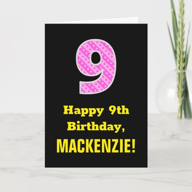 Carte 9e Anniversaire : Rayures roses et cœurs "9" + Nom (Devant)