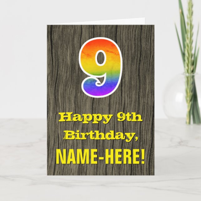 Carte 9e anniversaire : Rustic Faux Wood Look, Rainbow " (Devant)