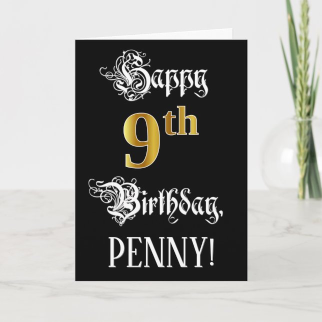 Carte 9e anniversaire — Script fantaisie; look or Faux;  (Devant)