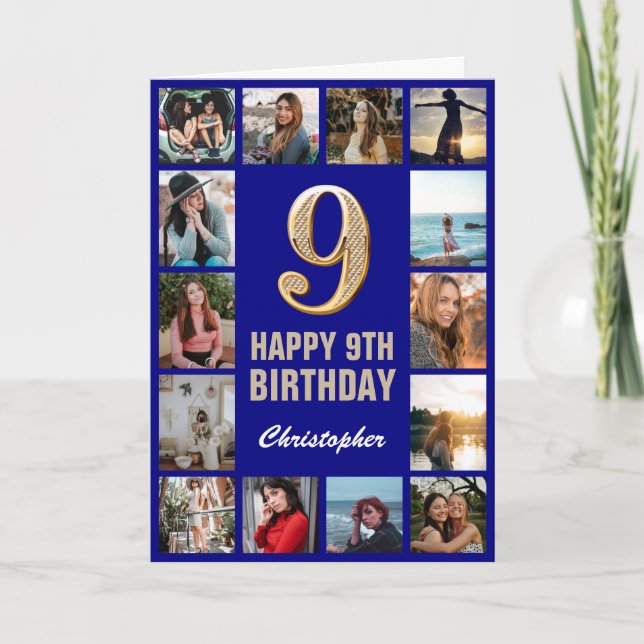 Carte 9e Joyeux anniversaire Marine Blue & Gold Photo Co (Devant)