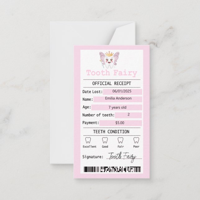 Carte à billet plat de réception de dent rose (Devant)