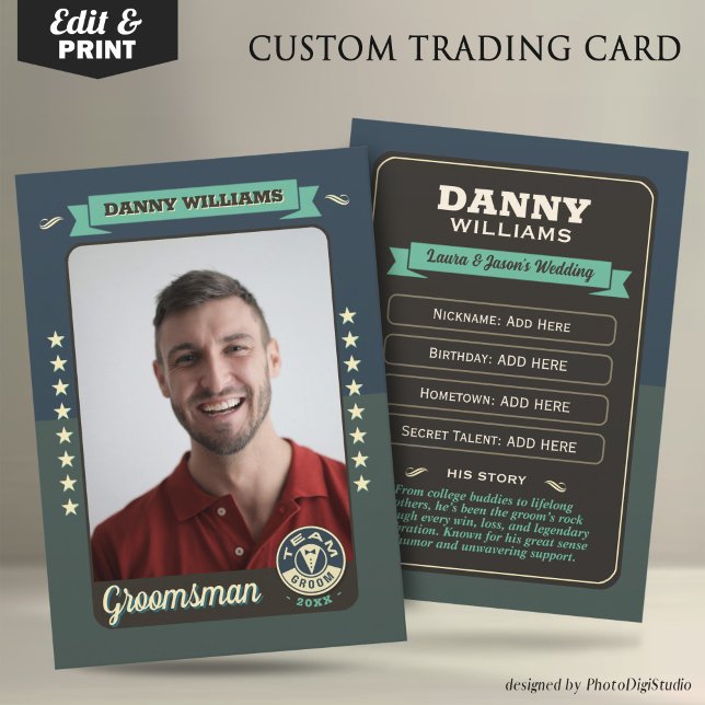 Carte à collectionner personnalisée de l'équipe du (Custom Team Groom Trading Card, Groomsmen Gifts Best Man Trading Card, Retro Wedding Cards)