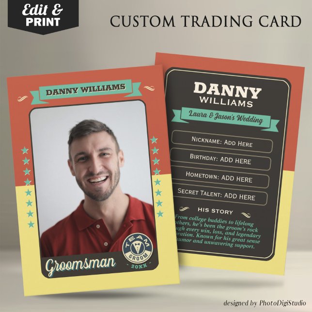 Carte à échanger personnalisée pour l'équipe du ma (Custom Team Groom Trading Card, Groomsmen Gifts Best Man Trading Card, Retro Wedding Cards)