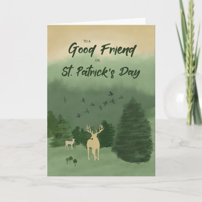 Carte À l'ami St. Patrick's Day Paysage avec cerf (Devant)
