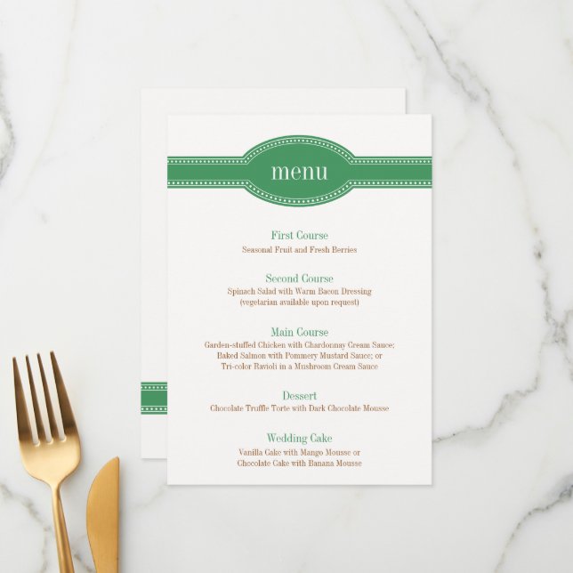 Carte à menu vert, Collection Mariage Caroline (Devant/Arrière en situation)