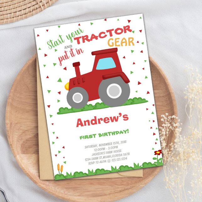 Carte à thème de la ferme et du tracteur (Green Grass Tractor Birthday Invitations)