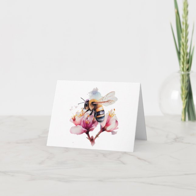 Carte Abeille aquarelle avec Fleurs roses BLANC (Devant)